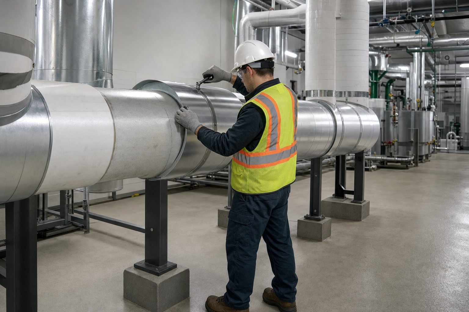 Professional installer fitting metal jacketing around insulated piping
