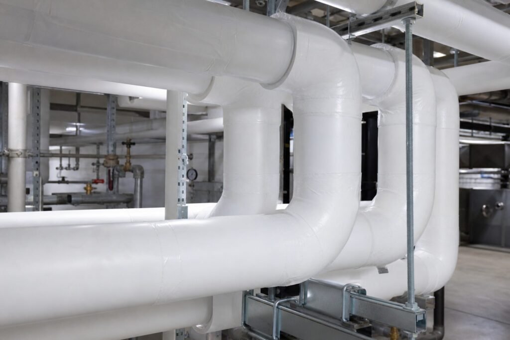 Fiberglass pipe insulation finished with clean white vapor-barrier jacketing