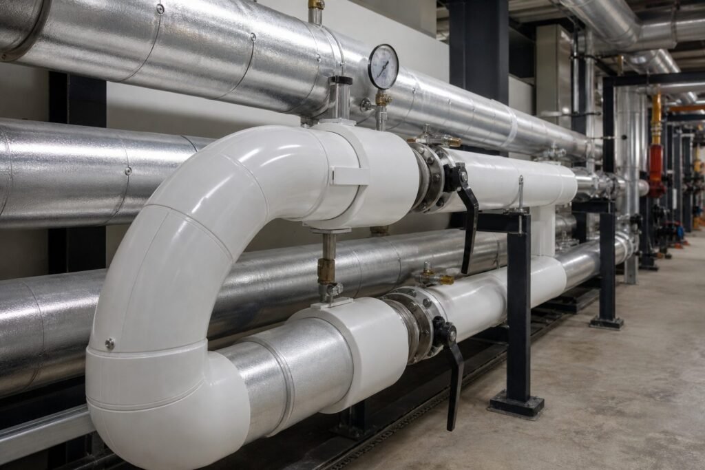 Professionally insulated hot-water and chilled-water pipes with fitted jacketing