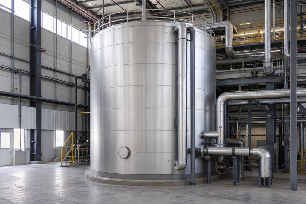 Large industrial process tank finished with weatherproof metal insulation cladding