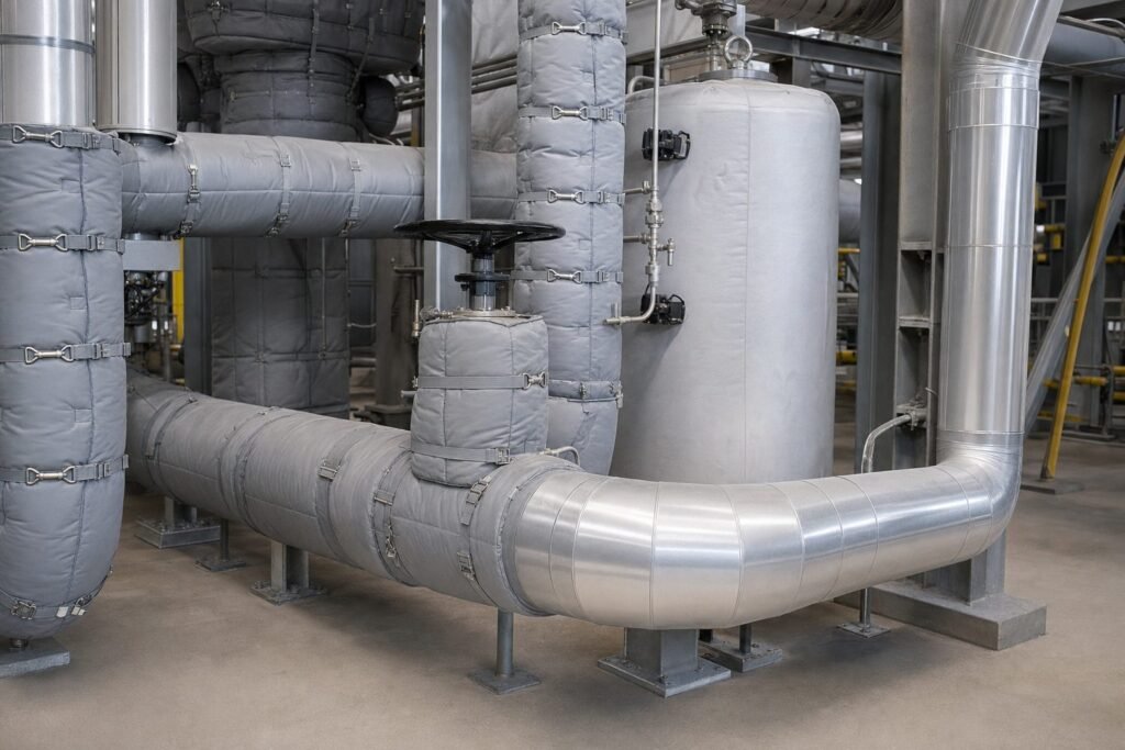 Industrial hot-process equipment with removable thermal insulation blankets and metal cladding